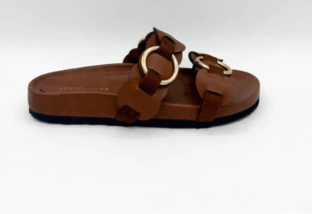NEW AZALEA WANG women's miranda leather slide sandals in brown